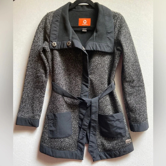 Merrell Women's  Talley Swacket Sweater Jacket Black Tweed Tie Waist Sz S - Picture 2 of 15
